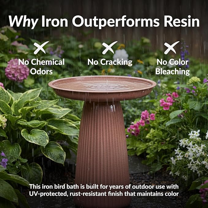 Sunnydaze Gleeful Garden 23" Iron Pedestal Bird Bath for Outside - Modern Shallow Basin Birdbath for Outdoors with UV-Protected Rust-Resistant Finish for Patio, Garden, Yard Decor - Canyon Clay Glaze