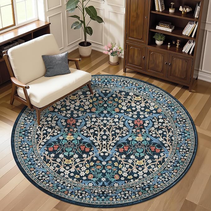 GarveeHome Blue Floral Washable Round Rugs 6ft for Bedroom Living Room | Vintage Stain Resistant Rugs for Large Room Low-Pile Non-Slip Carpet Soft Stain Resistant Botanical Boho Rug TPE Backing