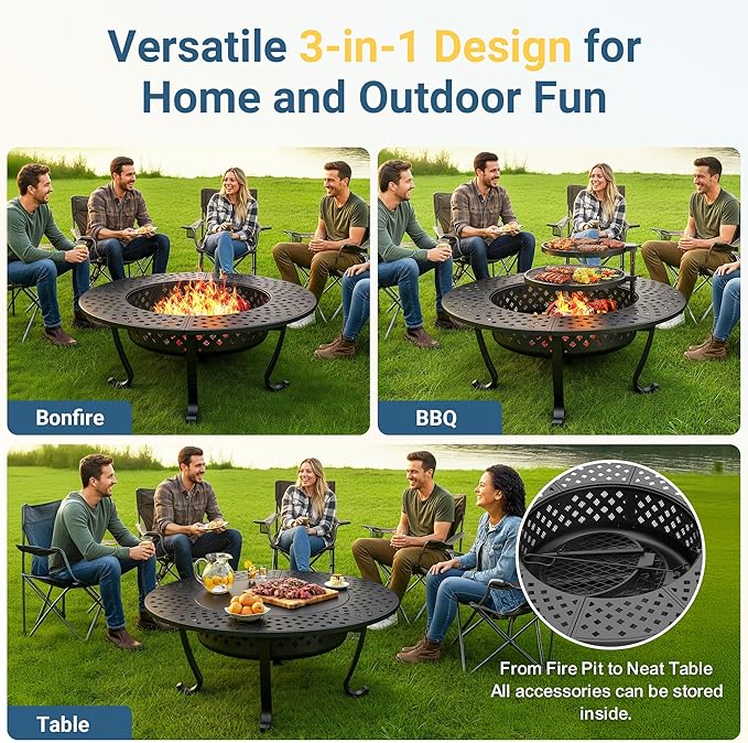 Wisteria Lane 3 in 1 43" Extra Large Fire Pit for Outside Wood Burning with 2 Adjustable Grills, Outdoor Fireplace with Lid and Fire Poker, BBQ & Bonfire & Round Metal Table for Patio, Backyard
