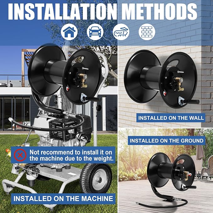 Tool Daily Pressure Washer Hose Reel 200 FT, Heavy Duty Steel Hose Reel for Power Washer, 3/8" Hose Reel Hand Crank, 4000 PSI