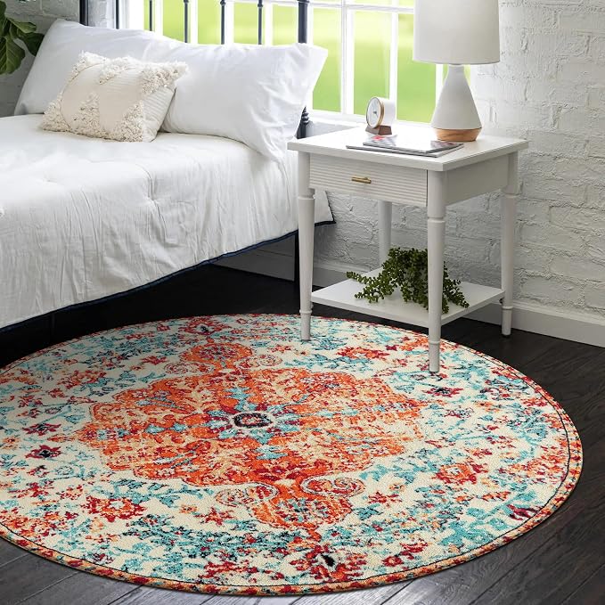 Lahome Bohemian Floral Medallion Round Rug - 4Ft Soft Bedroom Area Rug Oriental Distressed Washable Entryway Foyer Throw Mat Non-Slip Door Carpet for Dining Living Room Bedside Nursery, Orange/Multi