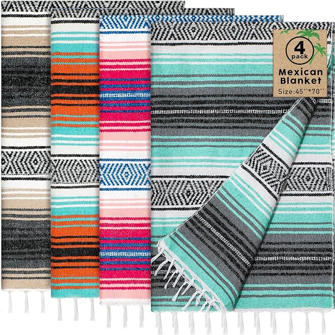 Oudain 4 Pack Mexican Blankets 45 x 70 Inch Woven Serape Throw Blanket, Baja Yoga Blanket for Beach Picnic Camping Boho Couch Decor Travel Outdoor (Stylish Color)