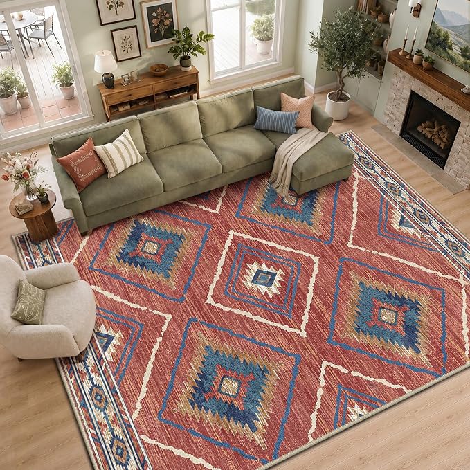 9'x12' Washable Area Rug for Living Room Bedroom Red/Orange | Soft Western No Slip Low Pile Print Foldable Indoor for Kitchen Dining Room