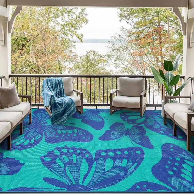 Anidaroel Butterfly Patio Rugs Outdoor 8X10 Waterproof, Reversible Plastic Straw Outside Area Rug, RV Outdoor Mat for Under Awning, Pool Deck, Picnic, Porch (Purple&Green,8‘X10')