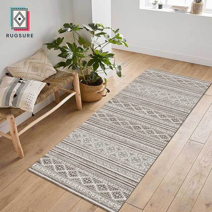 Washable Area Rugs 2'6'' x 8' - 1/6 Thick - Moroccan-Inspired -Stain & Water Resistant Non-Slip - Resistant Rug for Living Room, Bedroom, Nursery, Pet & Child Friendly (Brown)