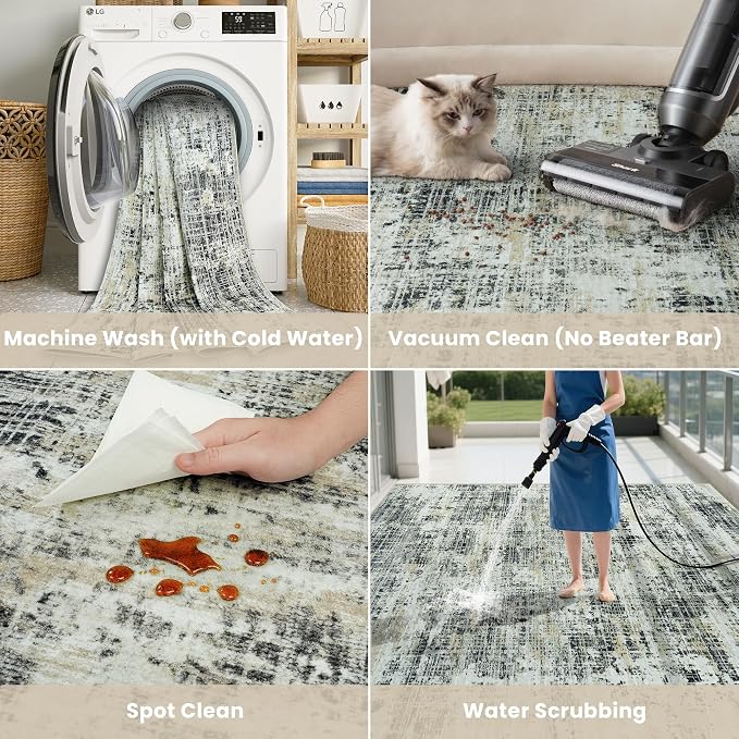 6x9 Washable Area Rug for Living Room Bedroom: Non-Slip Modern Black Gray | Machine Washable TPR Backing, Stain-Resistant Low Pile, Pet & Kid Friendly, Abstract Decor for Dining Room, Dorm, Home Office