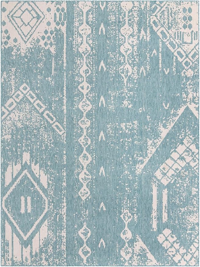 Unique Loom Outdoor Bohemian Collection Area Rug - Anthro (9' x 12' Rectangle, Light Aqua/ Ivory)