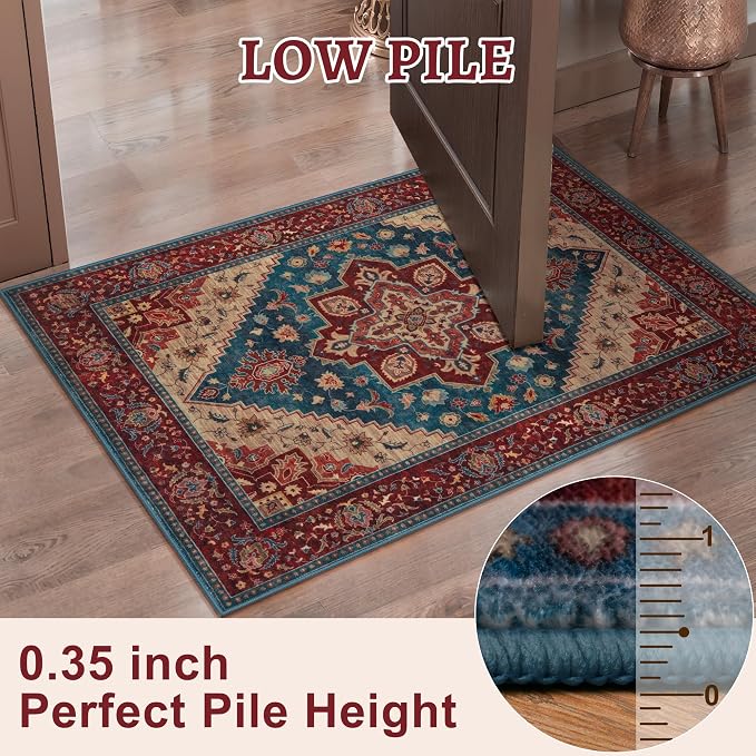 Tangsoo Oriental 3x5 Rugs, Washable Non Slip Accent Rugs for Entryway Red | Vintage Print Indoor Carpet, Boho Soft Low Pile 3x5 Area Rugs for Living Room Bedroom Bedside Bathroom Entrance Home Decor