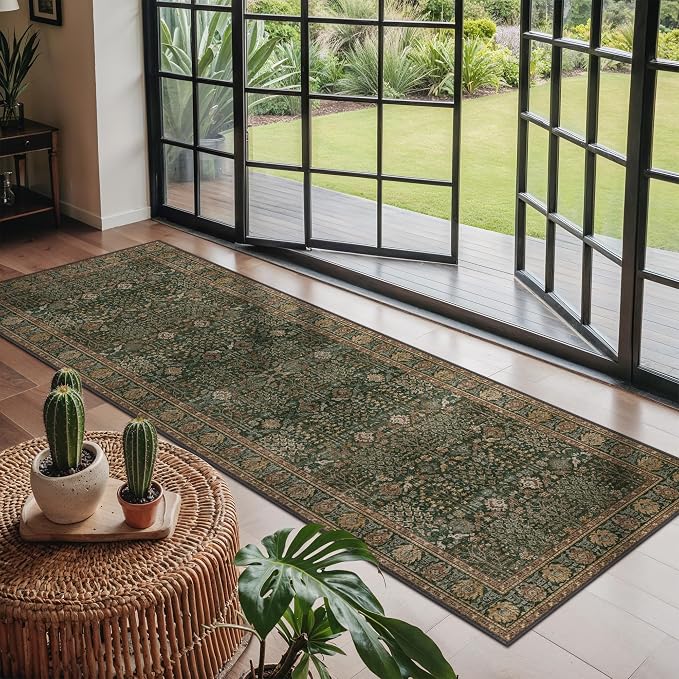 2x6 Kitchen Runner Rug, Washable Non Slip, Dark Green Brown | Vintage Floral, Spill Resistant, Lightweight Low Pile Carpet for Hallway, Bedroom, Laundry Room and Bathroom