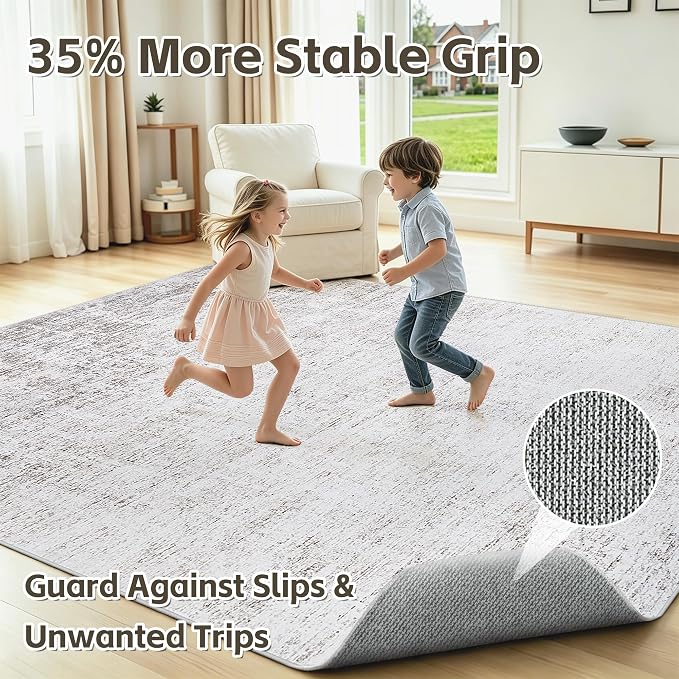 Washable 5x7 Abstract Grey White Area Rugs for Living Room | Large Modern Neutral Rugs Soft Non Slip Stain Resistant Low Pile Carpet Dining Room Bedroom Indoor Nursery Home Office