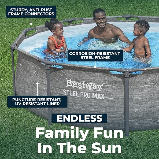 Bestway Steel Pro MAX 10' x 30" Above Ground Swimming Pool Set with Pump | Durable Round Metal Frame Outdoor Backyard Pool, Puncture-Resistant Liner - Filter Pump Included, Stacked Stone Print