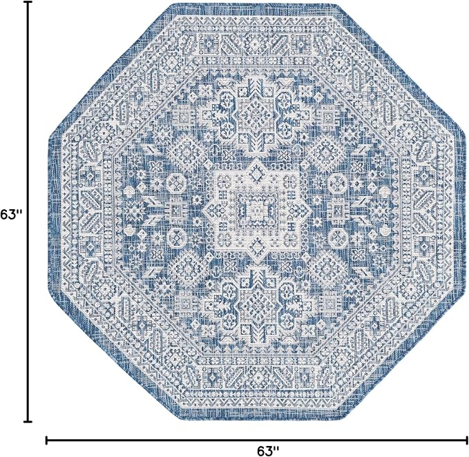 Unique Loom Outdoor Aztec Collection Area Rug - Chalca (5' 3" Octagon, Blue/ Ivory)