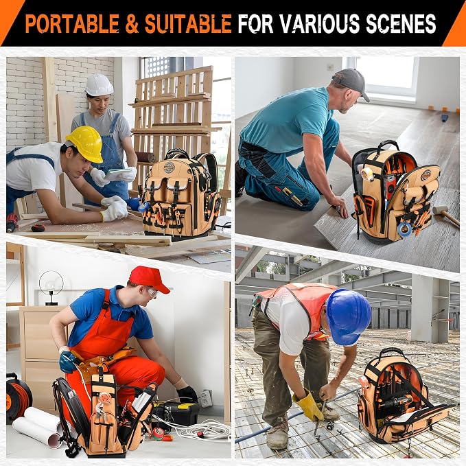 LOKASS Tool Backpack Heavy Duty with Molded Bottom, 1680D 56-Pocket Tool Bag Organizer with Laptop Compartment & Combination Lock, Durable Water-Resistant Electrician & HVAC Tool Backpack - khaki