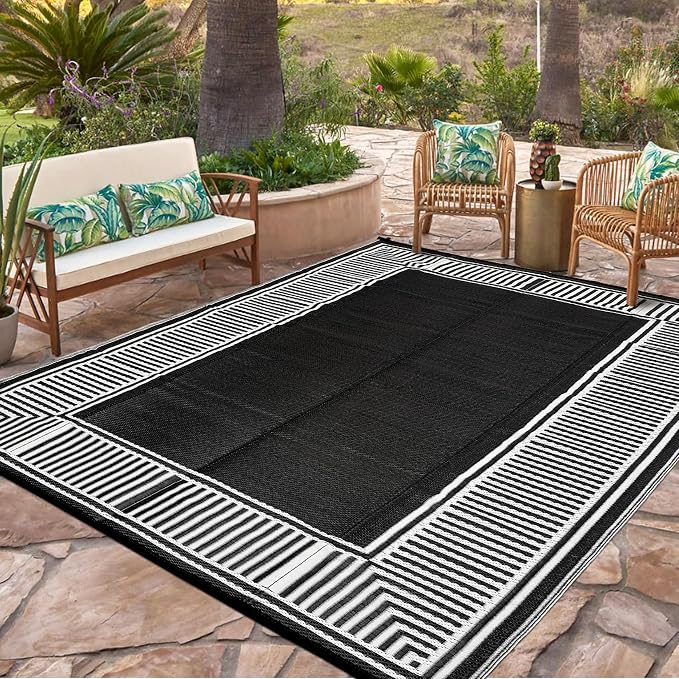 Garvee 9x12 Outdoor Rug for Patio Plastic Straw Rug Waterproof Reversible Mat Lightweight Foldable Carpet Easy Clean Large Rugs for Patio Porch Backyard Camping RV Beach Balcony Deck Border Black