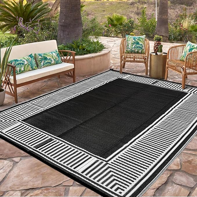 Garvee Outdoor Rug 9x18 Outdoor Patio Rug Reversible Plastic Straw Rugs Waterproof Foldable Mat Easy Clean Lightweight Carpet for Backyard Camping Porch RV Beach Balcony Deck Picnic Border Black