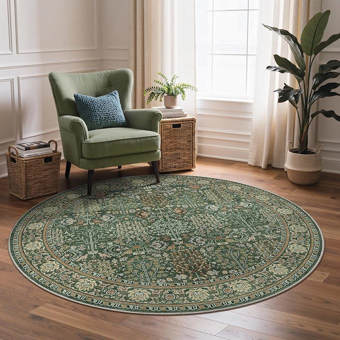 5ft Round Area Rug 5x5, Washable Non Slip, Forest Green | Vintage Floral Circle Design, Spill Resistant Lightweight Low Pile Non-Shedding Carpet for Bedroom, Nursery, Kitchen