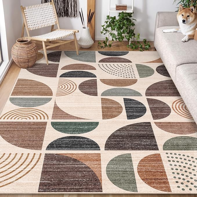 5x7 Area Rugs Washable,Boho Rugs Non Slip Modern Abstract Large | Throw Carpet for Living Room Bedroom Dining Room Soft Low Pile Floor Indoor Bohemian Brown