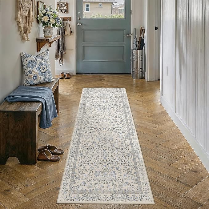 2x6 Blue Floral Runner Rug Vintage Farmhouse Style | Washable, Non Slip, Soft Low Pile, Hallway Carpet for Kitchen, Entryway, Laundry Room, Botanical Decor