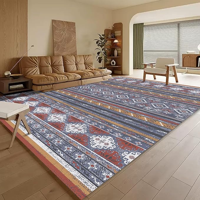 Washable Area Rugs 3' x 5 ' - 1/6 Thick - Moroccan-Inspired -Stain & Water Resistant Non-Slip - Resistant Rug for Living Room, Bedroom, Nursery, Pet & Child Friendly (Blue and Red)