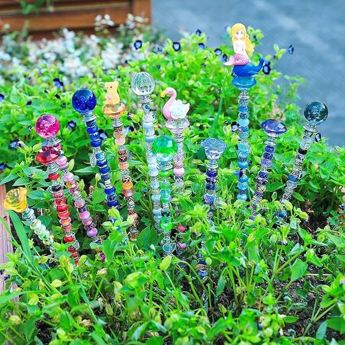 AIPRIDY DIY Crystal Beaded Fairy Wand Garden Stakes Kit, Colorful Decorative Wands with Assembly Guide, 12 or 10 Inch Threaded Rods,Outdoor Garden Decoration Set (238, Rainbow+Hybrid Top)