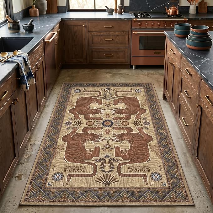 GarveeHome 3x5 Tiger Washable Rug Entryway Boho Bedroom Non Slip Vintage | Camel Rug Low Pile Tribal Carpet Stain Resistant Throw Rug for Kitchen Dorm Kidss Room Office Dining Room