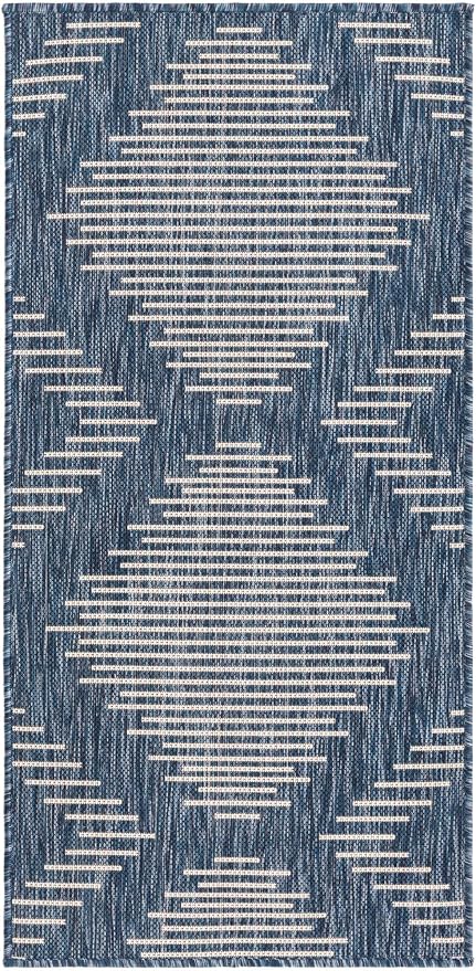 Unique Loom Outdoor Modern Collection Area Rug - Tambor (2' x 4' 1" Runner, Blue/ Ivory)