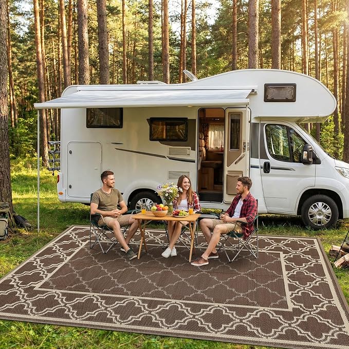 Garvee Reversible Outdoor Rug 5x8, Waterproof Outdoor Plastic Straw Rug with Interlacing Pattern, RV Mat for Picnics, Patio, Camping, Balcony, Deck, Backyard, Porch, Brown