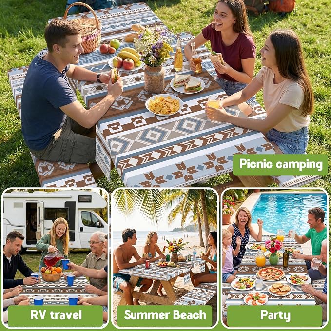 Fitted Picnic Table Cover with Bench Covers Fitted Rectangle Table Cloth Tablecloth Camping Gear Essentials Rv Accessories Road Trip Supplies Car Travel Must Have 6 Ft Foot Feet 72in Boho Bohemian