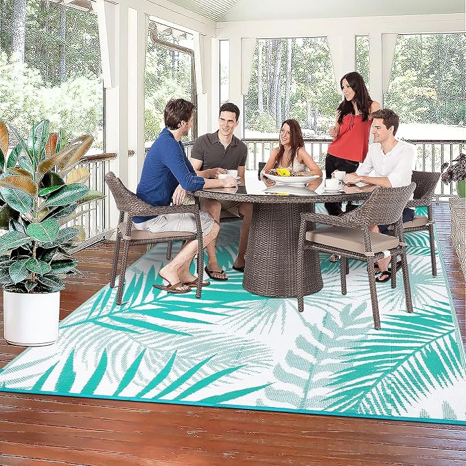 Outdoor Rug for Patios Clearance, 6x9 Waterproof RV Rugs for Outside, Reversible Plastic Straw Mat Large Quick Drying Outdoor Rugs for Deck Trailers Campers Porch Beach Backyard,Teal & White