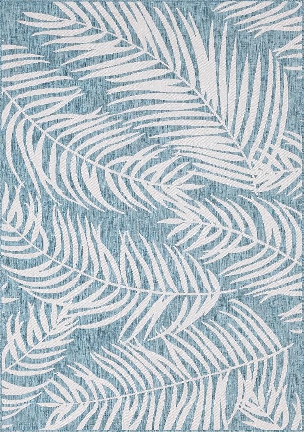 Unique Loom Outdoor Botanical Collection Area Rug - Palm (7' 1" x 10' Rectangle, Light Aqua/ Ivory)
