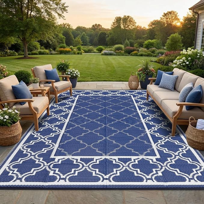 Garvee Reversible Outdoor Rug 6x9, Waterproof Outdoor Plastic Straw Rug with Interlacing Pattern, RV Mat for Picnics, Patio, Camping, Balcony, Deck, Backyard, Porch, Blue