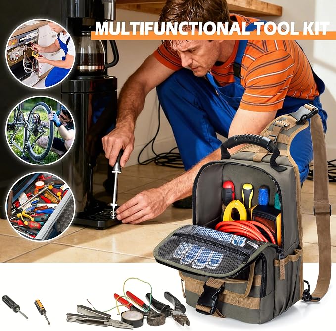 Electrician Tool Pouch Bag, Zippered HVAC Tool Organizer | Heavy-Duty Canvas Fabric, Ergonomic Handle, Removable Shoulder Strap, Ideal for Maintenance Repair Technician