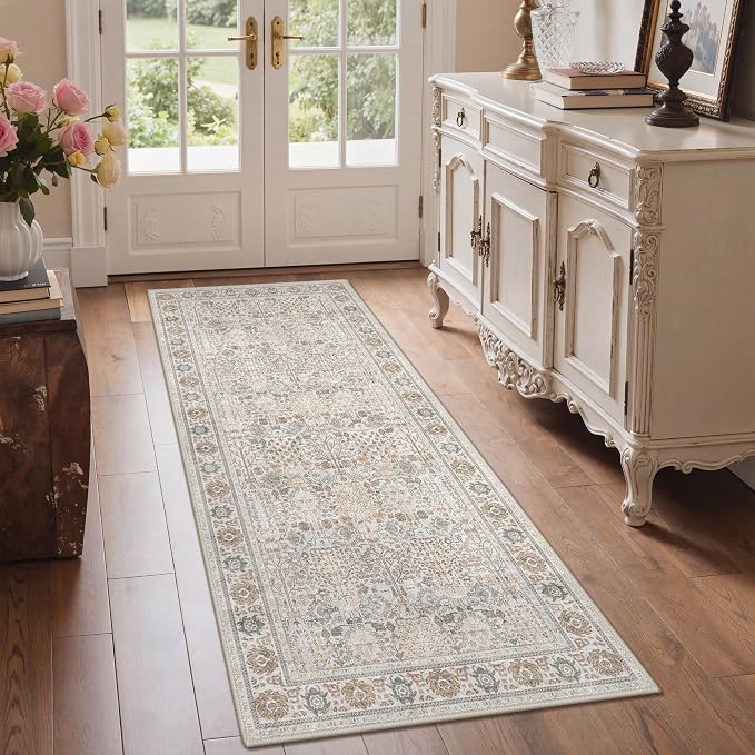 2x10 Kitchen Runner Rug, Washable Non Slip, Beige Grey | Vintage Floral Design, Spill Resistant Lightweight Low Pile Carpet for Hallway, Bedroom, Laundry Room, Bathroom