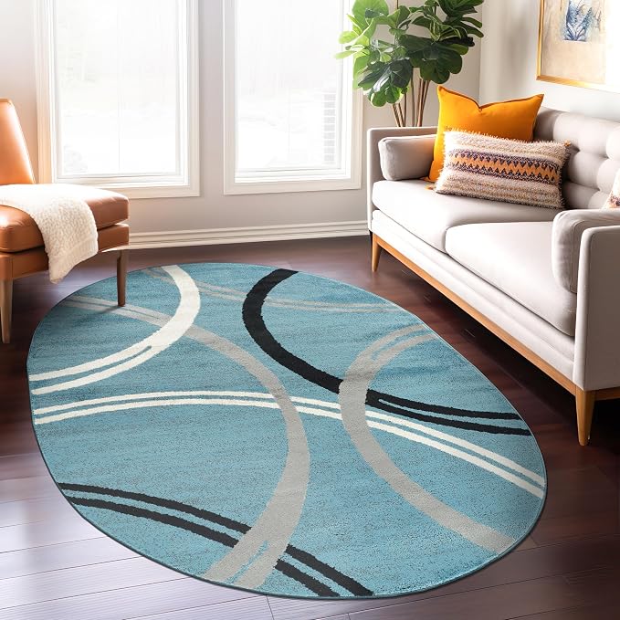 Rugshop Wavy Circles Modern Non-Shedding Living Room Oval Rug Blue 5' x 7' | Oval, Size 5' x 7', Bedroom, Dining Room, Home Office, Kitchen, Entryway, Hallway, Nursery, Kids Room, Guest Room