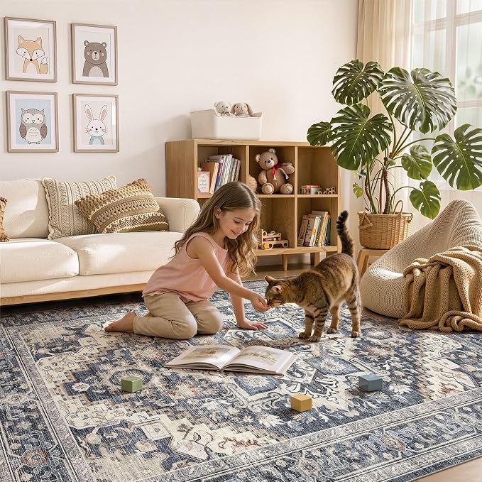 DTICON Vintage Washable 8x10 Area Rug Living Room Rugs, Blue | Boho Distressed, Pet & Kid Friendly, Non-Slip Backing, Soft Polyester, Low-pile Carpet for Living Room, Bedroom, Dining Room