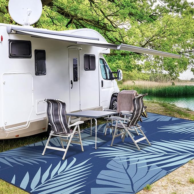 GENIMO Outdoor Rug 10' x 14' Waterproof for Patios Clearance, Reversible Outdoor Plastic Straw Camping Rug Carpet, Large Area Rugs Mats for RV, Camper, Deck, Balcony, Porch, Beach, Navyblue&Brightblue