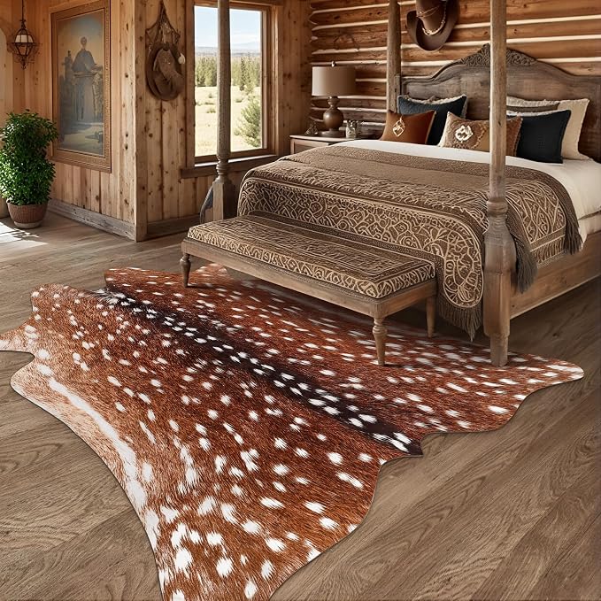 Premium Deer Print Rug, Faux Animal Hide Rugs, Non-Slip 6.2x7 Ft | Machine Washable Animal Print Hide Leopard Skin Area Rug for Bedroom Living Room Home Decor Pet Friendly
