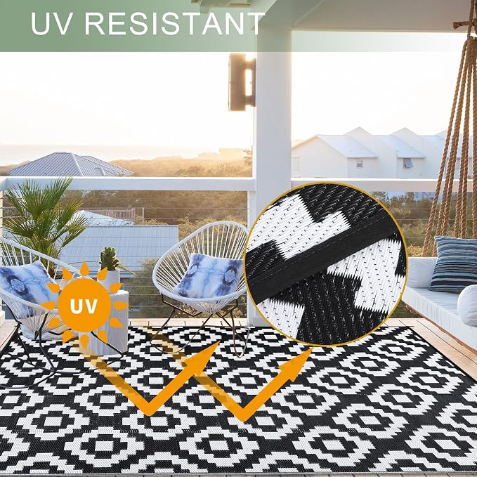 Garvee Outdoor Rug 9x18 Outdoor Patio Rug Reversible Plastic Straw Rugs Waterproof Foldable Mat Easy Clean Lightweight Carpet for Backyard Camping Porch RV Beach Balcony Deck Picnic Square White
