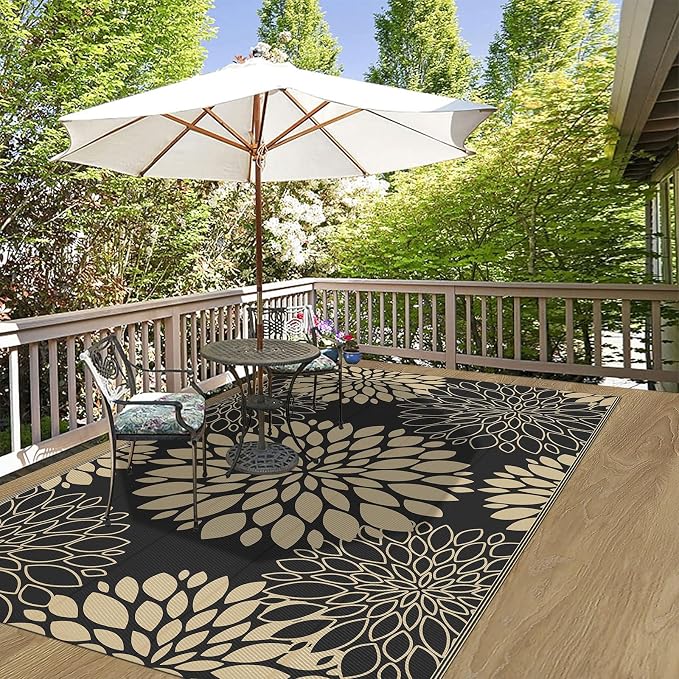 Ileading Waterproof Outdoor Rug 5x8, Reversible Plastic Straw Patio Rug, Portable Indoor Outdoor RV Camping Mat Carpet for Deck, Porch, Balcony, Backyard, Picnic, Floral Black