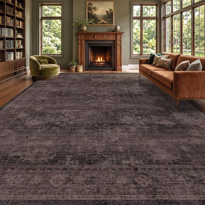 Boho 10x14 Dark Taupe Brown Large Area Rug for Living Room, Dining Room & Bedroom, Neutral Vintage Distressed Geometric Pattern, Easy to Clean, Slip-Resistant, Stain & Fade Resistant, Ultra Soft