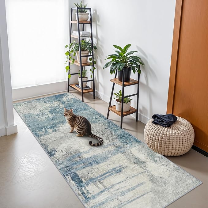 Blue Abstract 3x8 Washable Runner:Non Slip Hallway Runner Rug | Soft Low Pile Indoor Carpet Floor Mat, Perfect for Front Door, Kitchen, Bedroom, Entryway & Laundry Room