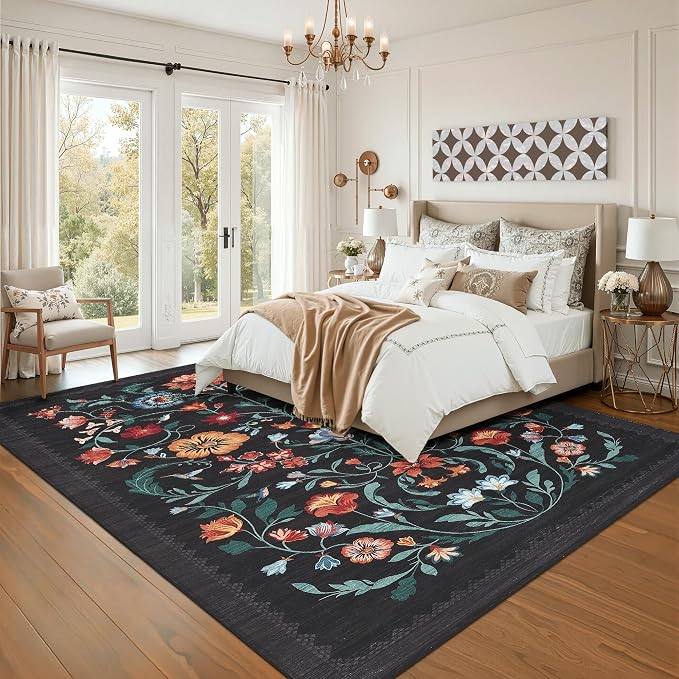 GarveeHome Washable Rug 5x7 Area Rugs for Living Room, Floral Rug for Bedroom, Soft Boho Non Slip Throw Rugs with Rubber Back, Low Pile Stain Resistant Vintage Floral Carpet for Dining Room, Black