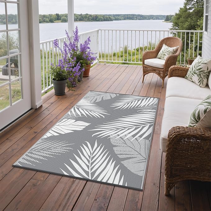 GENIMO Outdoor Rug 3' x 5' Waterproof for Patios Clearance, Reversible Outdoor Plastic Straw Camping Rug Carpet, Large Area Rugs Mats for RV, Camper, Deck, Balcony, Porch, Beach, Picnic, Grey&White