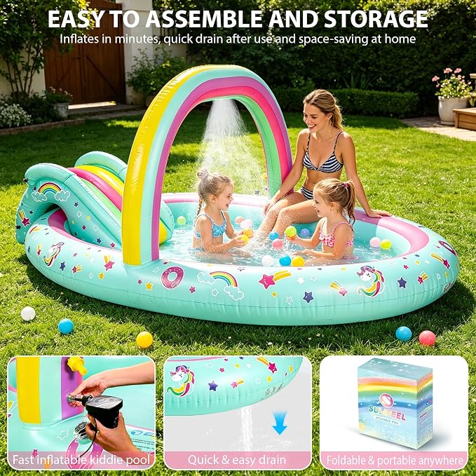 SULIFEEL Rainbow Unicorn Inflatable Play Center Kiddie Pool with Slide and Sprinkler for Children, 96''x59''x39'' Baby Pool for Backyard and Garden