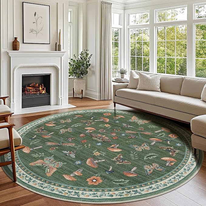 Mushroom Insect 8ft Round Rug Washable Non-Slip Soft Ultra-Thin Large Boho Circle Carpet for Entryway Kitchen Bedroom Nursery Dining Room Green