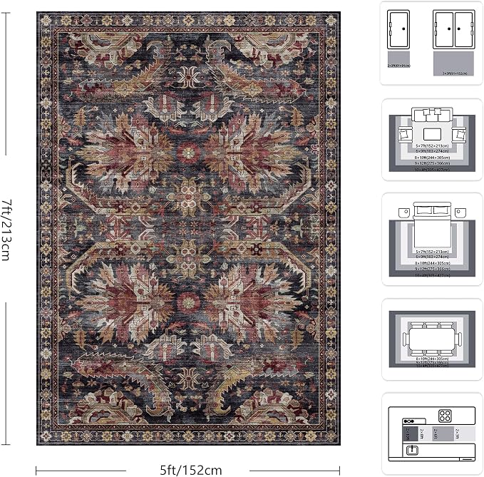 5x7 Area Rugs, Vintage Retro Soft Washable Rug, Non-Slip Low Pile Rugs for Living Room, Bedroom, Dining Room, Stain Resistant Home Decor Rug (Retro Red)