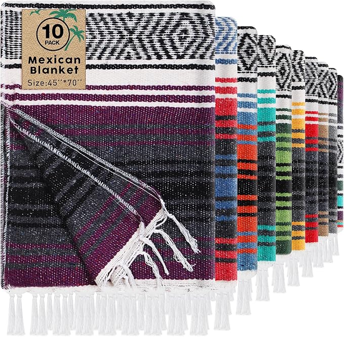 Oudain 10 Pack Mexican Blankets 45 x 70 Inch Woven Serape Throw Blanket, Baja Yoga Blanket for Beach Picnic Camping Boho Couch Decor Travel Outdoor (Neutral Color)