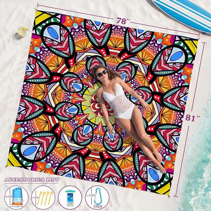 Famstar Beach Blanket Oversized Extra Large 78"X81"/10'X9',Waterproof Sandproof Beach Blanket 2-8 Adults Lightweight Durable for Travel Camping Hiking Picnic