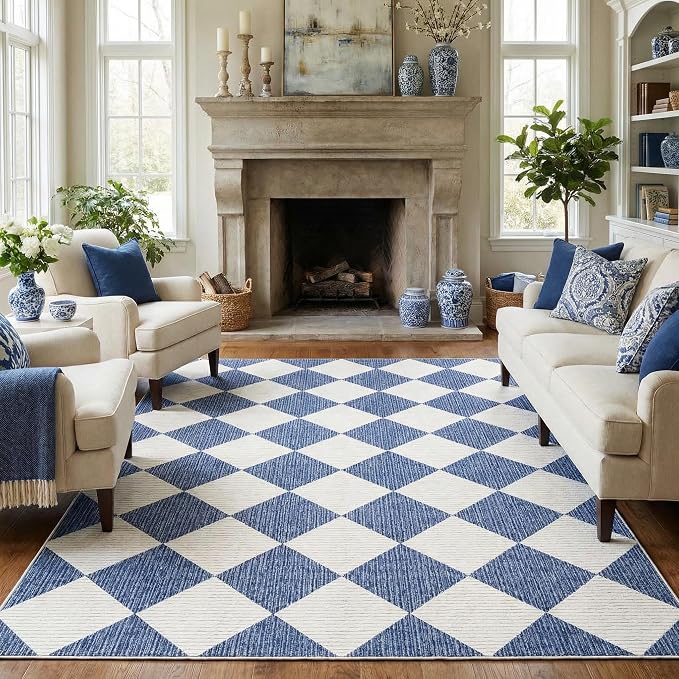 GarveeHome Large Area Rug 9x12 Navy Blue Living Room Checkered Washable Rug | Large Diamond Non Slip Backing Floor Mat Indoor Soft Thin Carpet for Bedroom Dining Room Playroom Nursery Home Decor