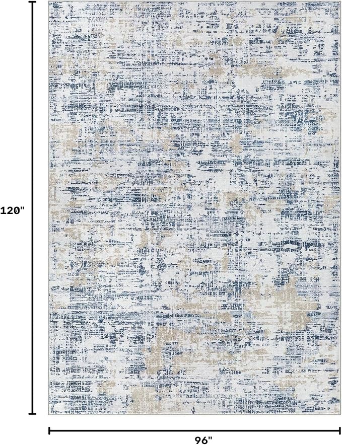 Nakagishi 8X10 Abstract Washable Area Rugs for Living Room-Blue Golden | Modern Non-Slip Silicone Backing Low Pile Soft Carpet for Bedroom Dining Decor Ideal for Families with Kids and Pets